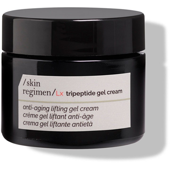 /skin regimen/Lx Tripeptide Gel Cream lyftande anti-aging gelkräm i en glansig svart glasburk med vit etikett.