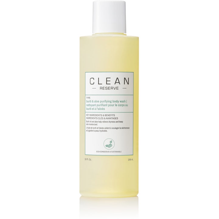 Clean Reserve Buriti & Aloe Purifying Body Wash 296 ml renande kroppstvätt i genomskinlig flaska med ljust gul vätska