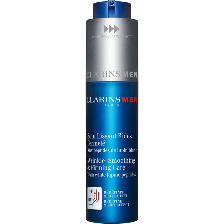 Clarins Men Wrinkle-Smoothing & Firming Care mot rynkor i en blå cylindrisk pumpflaska med silverfärgad topp.
