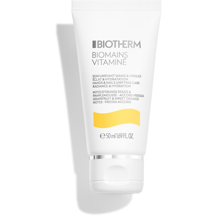 Biotherm Biomains Vitaminé 50 ml fuktgivande nagelvård och handkräm i vit tub med gul våg som ger händerna lyster