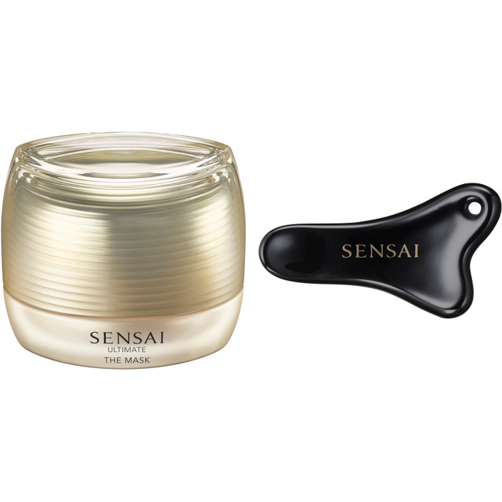 Sensai Ultimate The Mask 75ml anti-age fuktmask för torr hud i guldskimrande burk med svart massageverktyg
