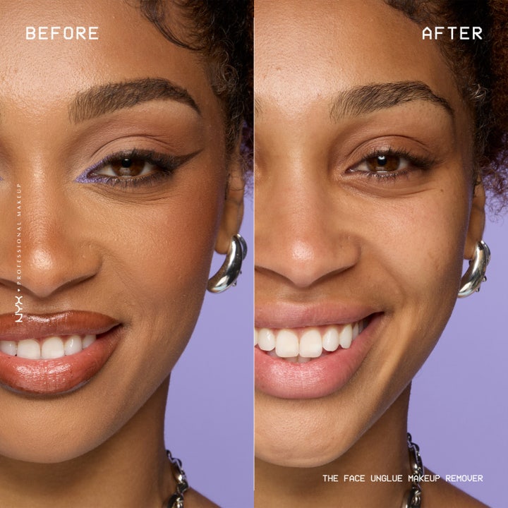 NYX Professional Makeup Face Unglue Makeup Remover 50 ml sminkborttagning ger ren hy i en tydlig före- och efterbild.