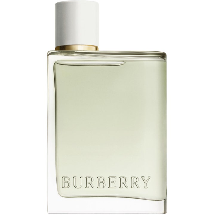 Burberry Her Eau de Toilette 50 ml blommig parfym i glasflaska med ljusgrön vätska och vitt lock med guldkant