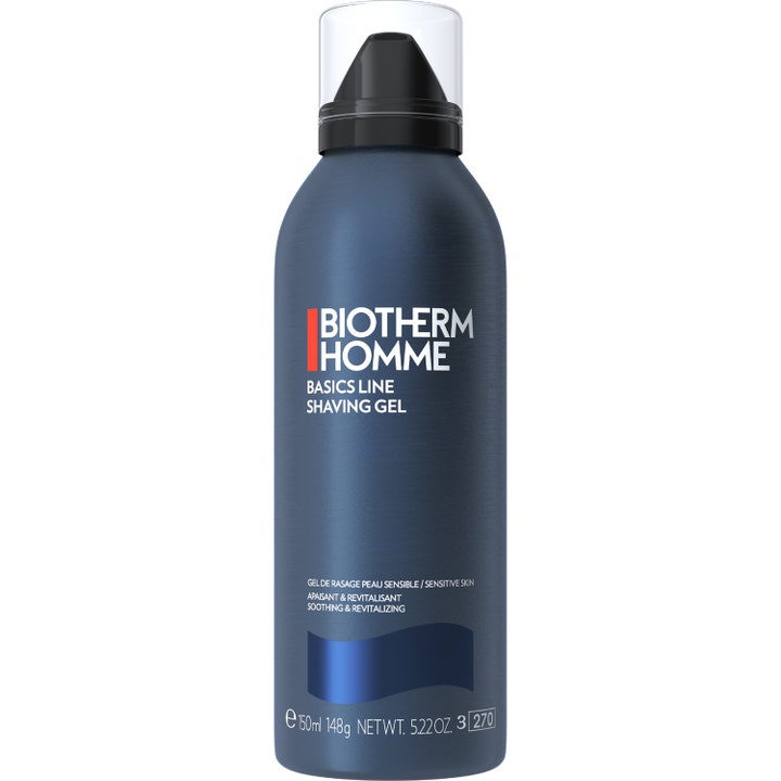 Biotherm Homme Basics Line Shaving Gel 150 ml fuktgivande rakgel i en mörkblå metallisk flaska med svart dispenser