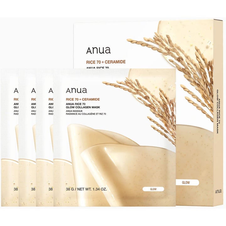 Anua Rice 70 + Ceramide Glow Collagen Mask 38g lystergivande ansiktsmask i vit förpackning dekorerad med risax