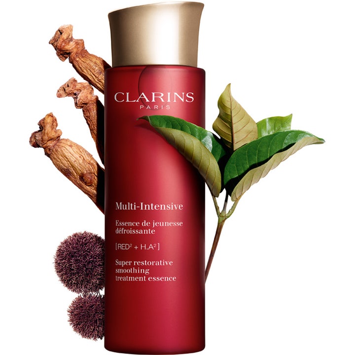 Clarins Super Restorative Treatment Essence 200 ml anti-rynk essens i röd flaska med ginsengrot