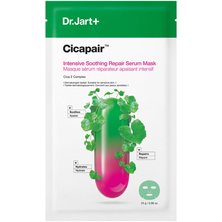 Dr. Jart+ Cicapair Intensive Soothing Repair Serum Mask 25 g ger hudreparation Dr Jart i vit förpackning med grönrosa kapsel.