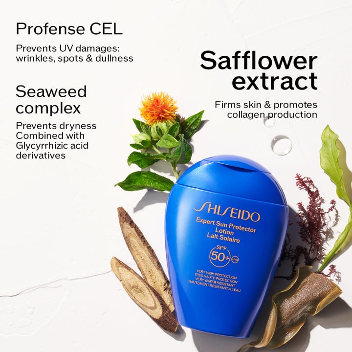 Shiseido Global Sun Care Lotion 300 ml lyxig solskyddskräm SPF 50 i blå flaska med safflor som ger fastare hud.