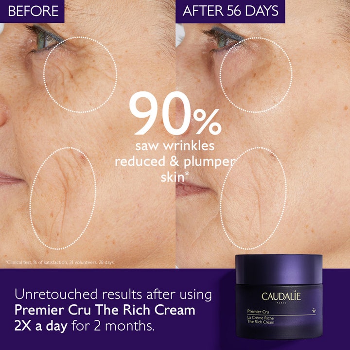 Caudalie Premier Cru The Rich Cream 50 ml dagkräm som reducerar rynkor visas med resultat före och efter samt lila burk.