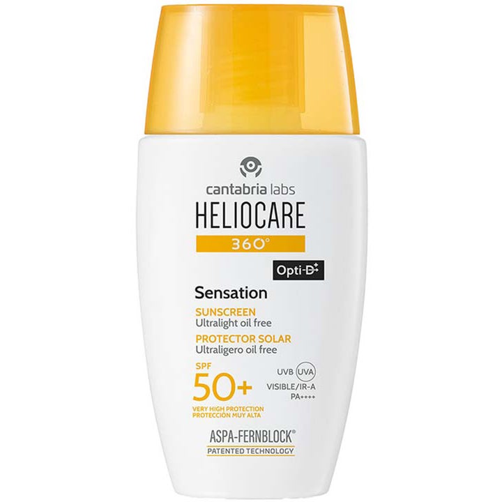 Heliocare 360 Sensation 50 ml oljefri solkräm för ansikte i vit plastflaska med gult lock