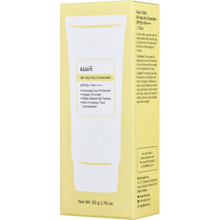 Klairs All-day Airy Sunscreen 50 ml vegansk solkräm spf50 i gul ytterförpackning med gel solkräm känslig hud.