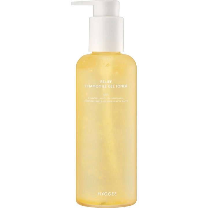 HYGGEE Relief Chamomile Gel Toner lugnande alkoholfri kamomill toner med kamomillextrakt i pumpflaska med gul gel