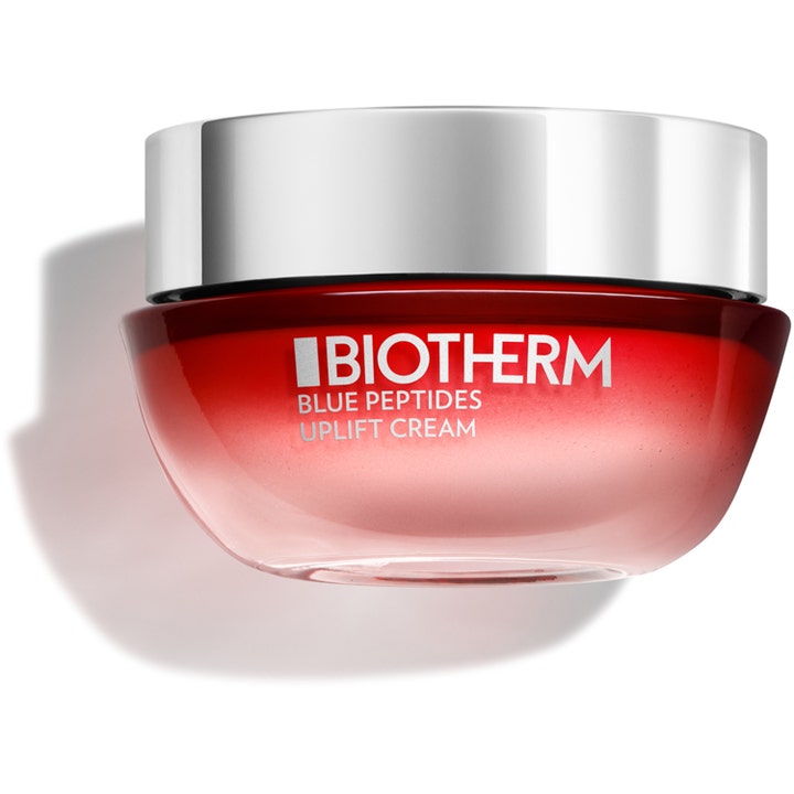 Biotherm Blue Peptides Uplift Cream uppstramande ansiktskräm med peptider i rödtonad glasburk med silverlock