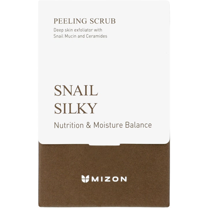 Mizon Snail Silky Peeling Scrub 5 g djuprengörande ansiktsskrubb i vit och brun engångsförpackning
