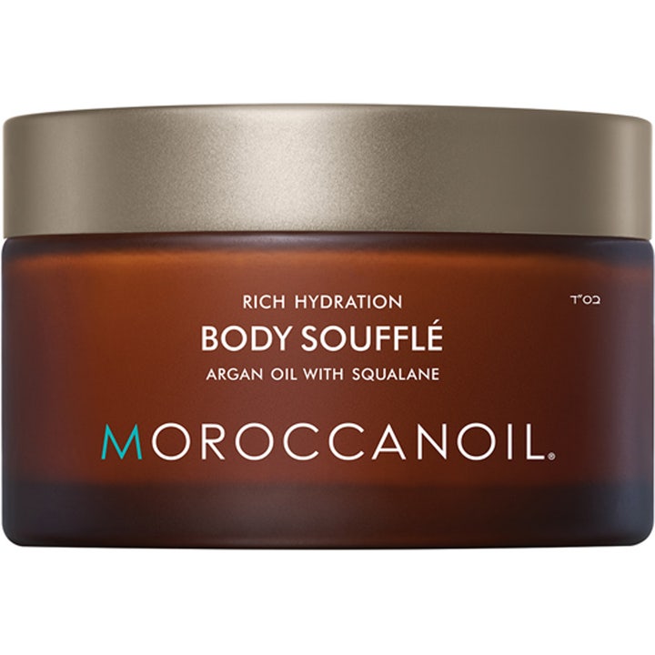 Moroccanoil Body Soufflé återfuktande kroppskräm med arganolja i en mörkbrun frostad burk med guldfärgat lock