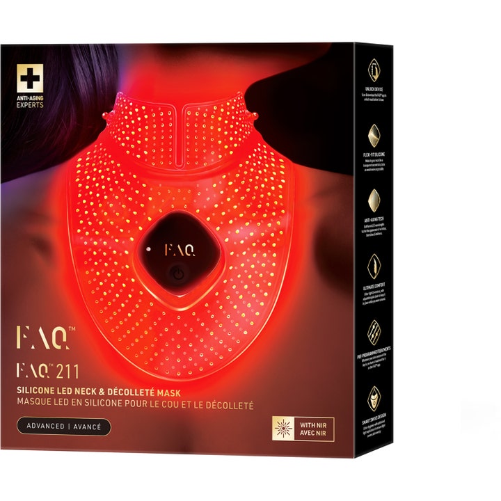 FAQ Swiss FAQ 211 LED Neck & Décolleté Mask 1 st anti age hudvård dekolletage i svart box med rödlysande led-mask