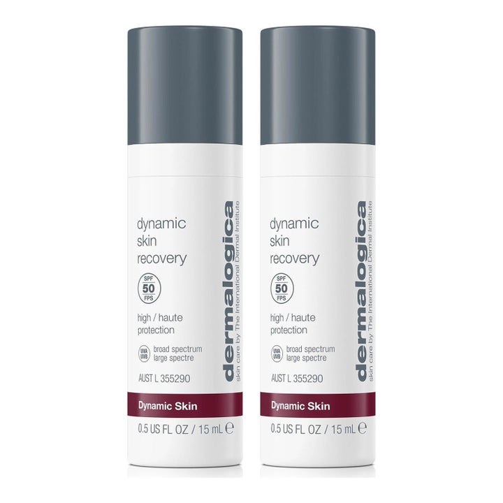 Dermalogica Dynamic Skin Recovery 15 ml återfuktande dagkräm med SPF 50 i två vita pumpflaskor med gråa lock.