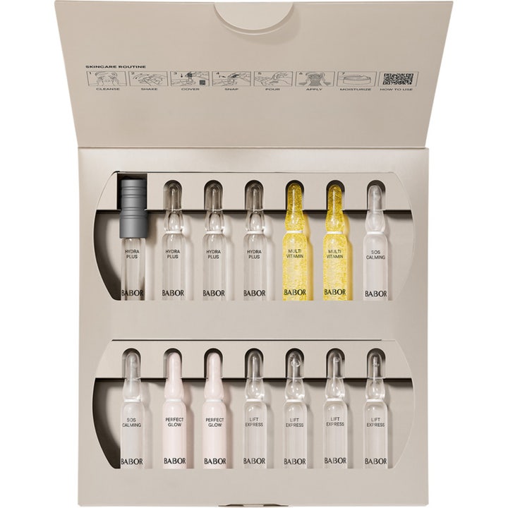 Babor Ampoule Concentrates 14 ampuller ger ansiktslyft ampuller anti-aging och Babor återfuktning i en öppen beige ask.