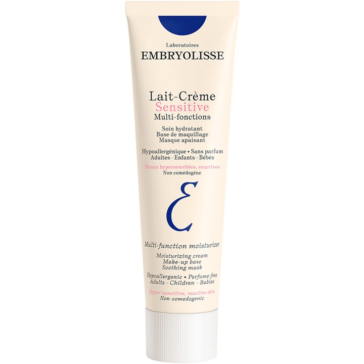 Embryolisse Lait-Crème Sensitive 100 ml dagkräm känslig hud i en vit tub med blå logotyp och rosa text.