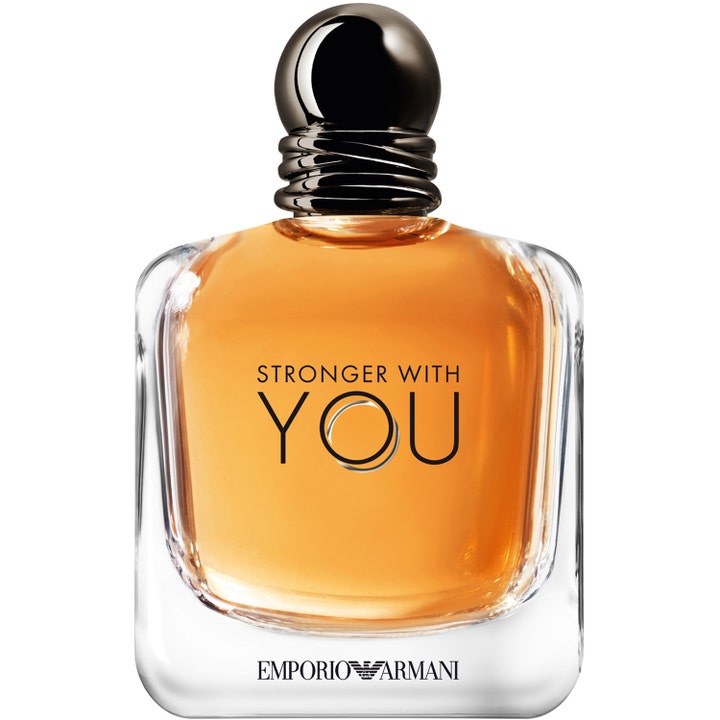 Armani Stronger With You 100 ml herrparfym i glasflaska med bärnstensfärgad vätska och rundat svart lock