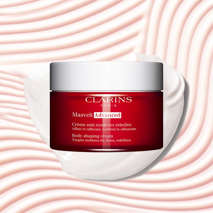 Clarins Masvelt Advanced Body Shaping Cream 200 ml uppstramande kräm för kroppen i röd burk på vit krämig textur