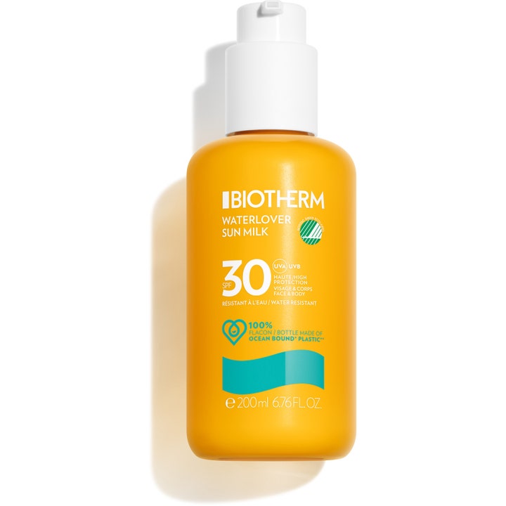 Biotherm Waterlover Sun Milk 200 ml solskyddsfaktor 30 är en miljövänlig solmjölk i gul flaska med vit pump.