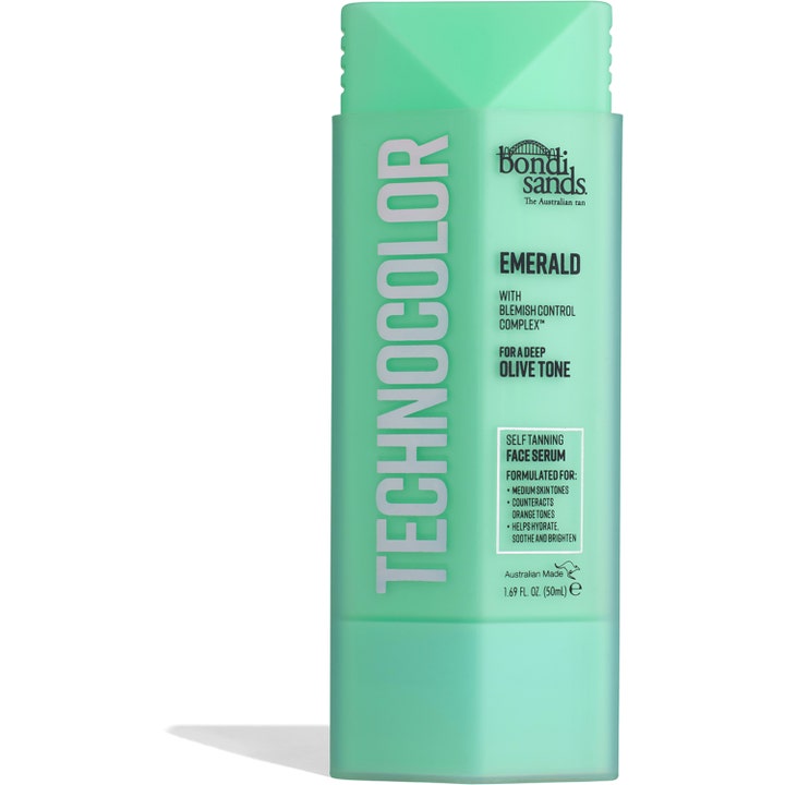 Bondi Sands Technocolor Emerald 50ml ansiktsserum ger en olivtonad lyster i en mintgrön rektangulär plastflaska.