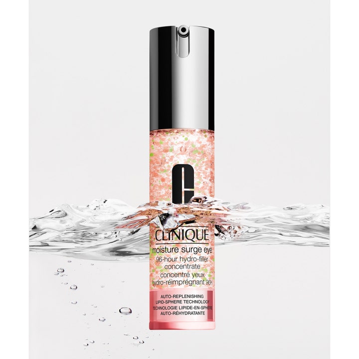 Clinique Moisture Surge Eye 96H Hydro-Filler Concentrate 15 ml återfuktande ögonkräm i rosa gelform i vattenstänk.