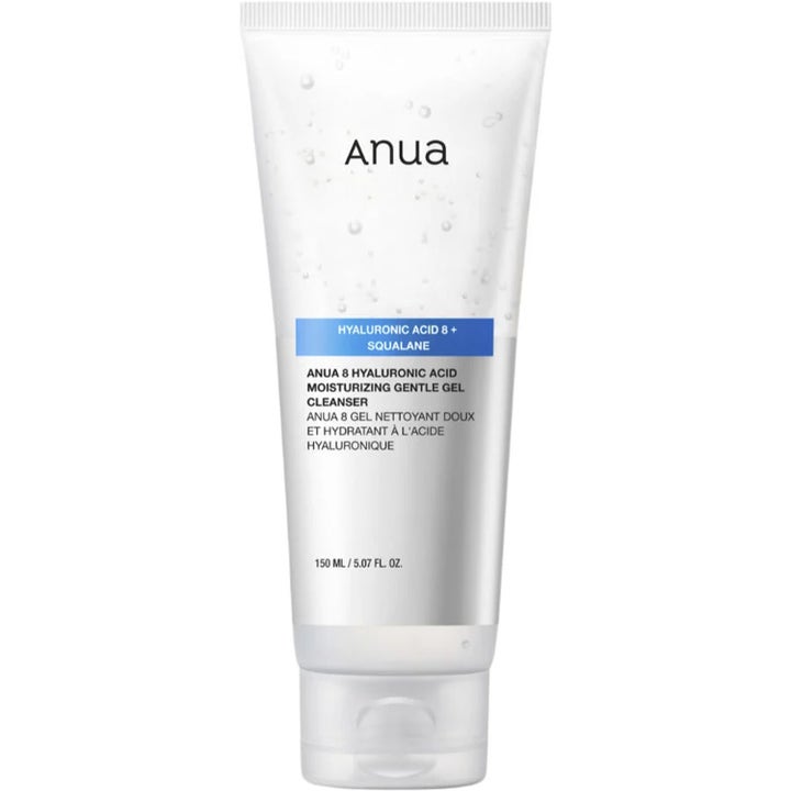 Anua 8 Hyaluronic Acid 150 ml återfuktande gelrengöring i en vit plasttub med blå detaljer och vitt snäpplock.