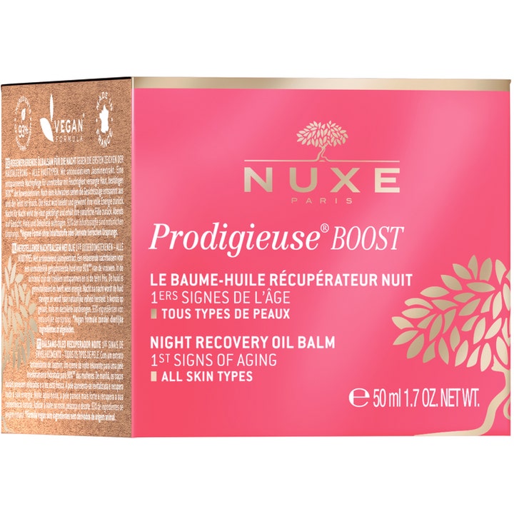 Nuxe Créme Prodigieuse Boost Night Recovery Oil Balm 50 ml lyxig återfuktande nattkräm i rosa box med antioxidanter
