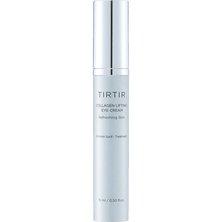 Tirtir Collagen Lifting Eye Cream 15 ml anti-rynk återfuktande ögonkräm som ger spänst i en ljusblå tub med silvrig kork