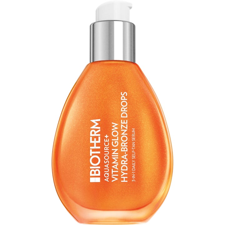 Biotherm Aquasource+ Vitamin Glow Hydra-Bronze Drops 30ml ger solkysst lyster i orange droppformad flaska med silverpump.