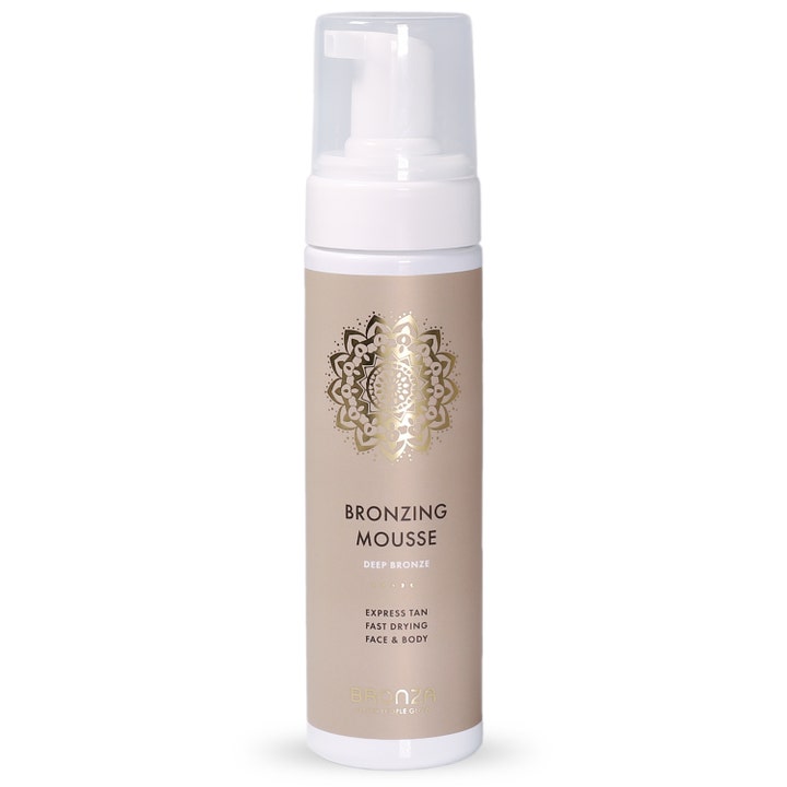 Bronza Bronzing Mousse Deep Bronze 200 ml brun utan sol för ansikte och kropp i beige flaska med pump.