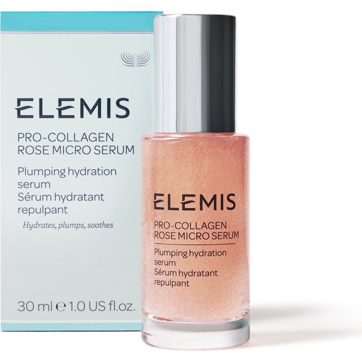 Elemis Pro-Collagen Rose Micro Serum 30 ml plumperande serum med ros i glasflaska med silverlock och ljusblå box