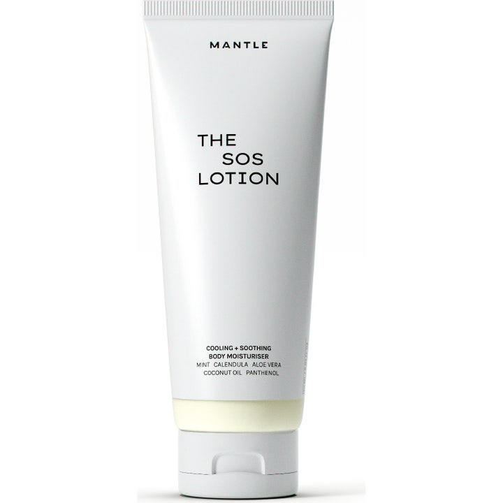 Mantle The SOS Lotion 150 ml lugnande bodylotion med aloe vera i en vit stilren tub med svart text.