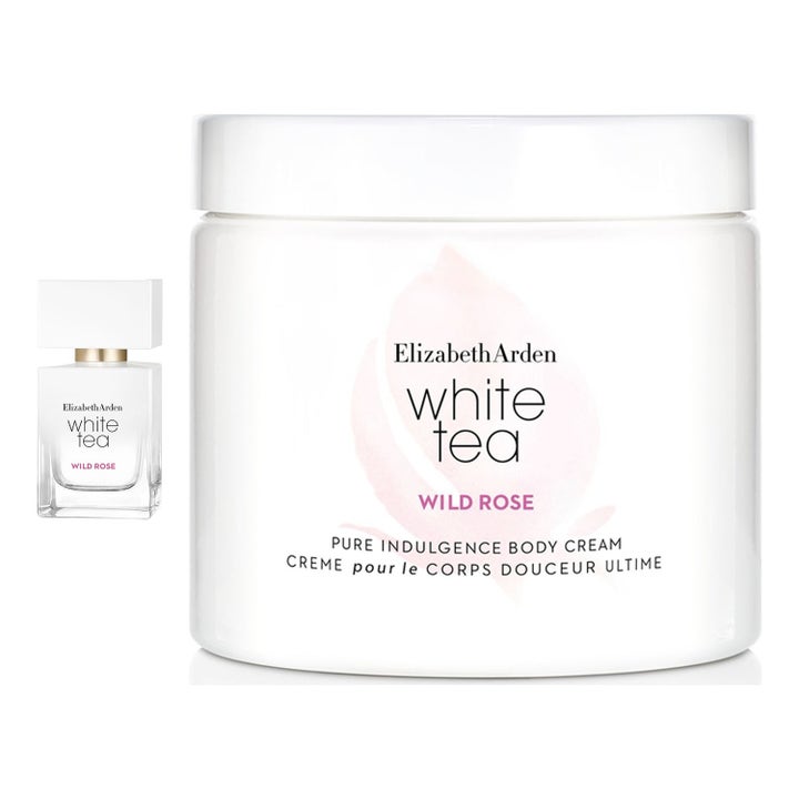 Elizabeth Arden White Tea Wild Rose Set 30ml och 400ml parfymset med liten glasflaska och stor vit plastburk med rosa dekor