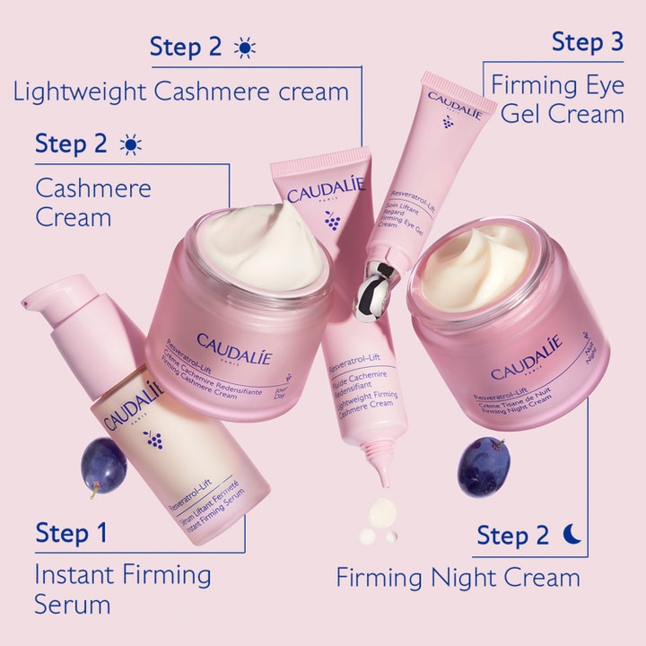 Caudalie Resveratrol-Lift Firming Eye Gel Cream 15 ml anti-age ögonkräm gel visas som steg 3 i en rosa hudvårdsrutin.