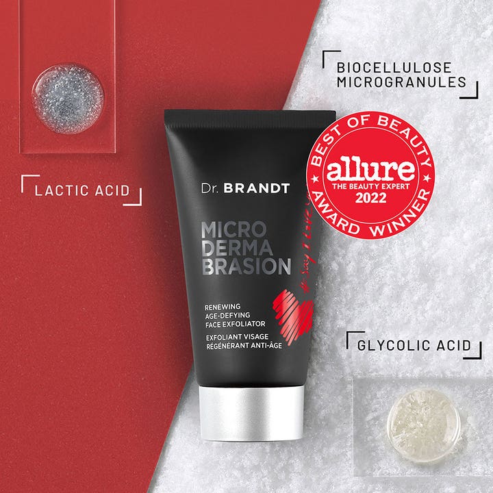 Dr Brandt Microdermabrasion 60 g ansiktspeeling för finare hudstruktur i svart tub med Allure-emblem och text om mjölksyra.