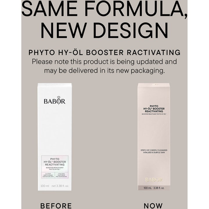 Babor Phyto HY-ÖL Booster Reactivating 100 ml ansiktsrengöring i vit pumpflaska bredvid gul flaska.