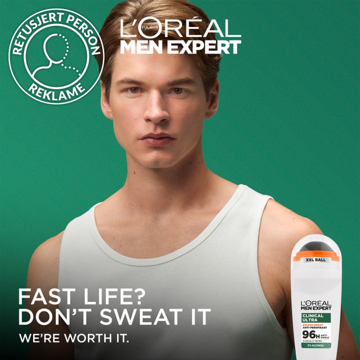 L'Oréal Paris Men Expert Derma Control Clinical Ultra Deo 50 ml ger 96h skydd på en man i vitt linne mot grön bakgrund.