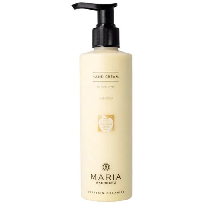 Maria Åkerberg Hand Cream 250 ml djupverkande handkräm med ringblomma i beige plastflaska med svart pump.