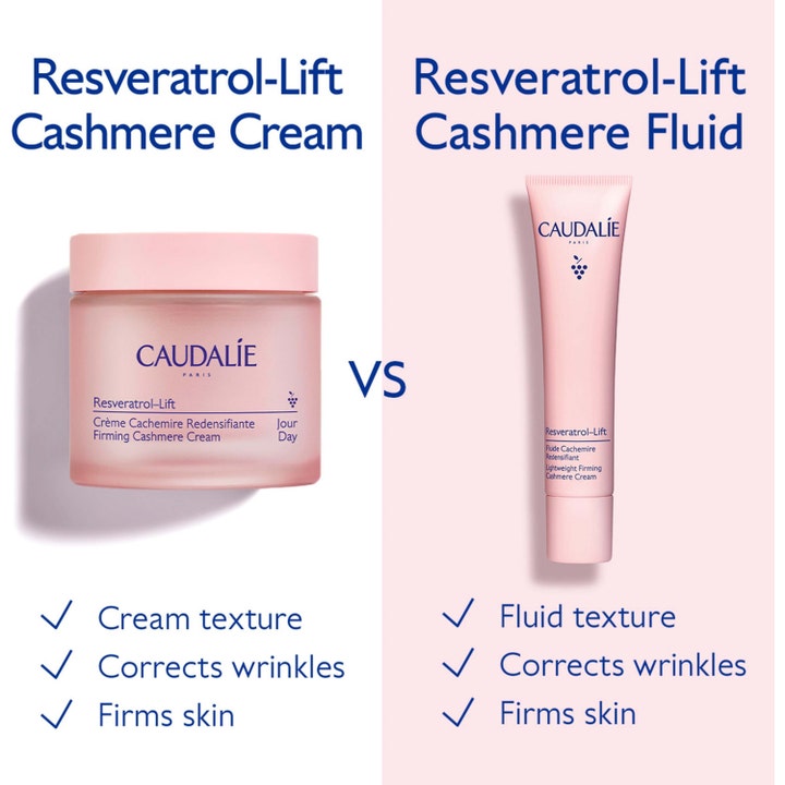 Caudalie Resveratrol-Lift Firming Cashmere Cream 40 ml ansiktslyftkräm cashmere i rosa burk jämförd med lättflytande fluid