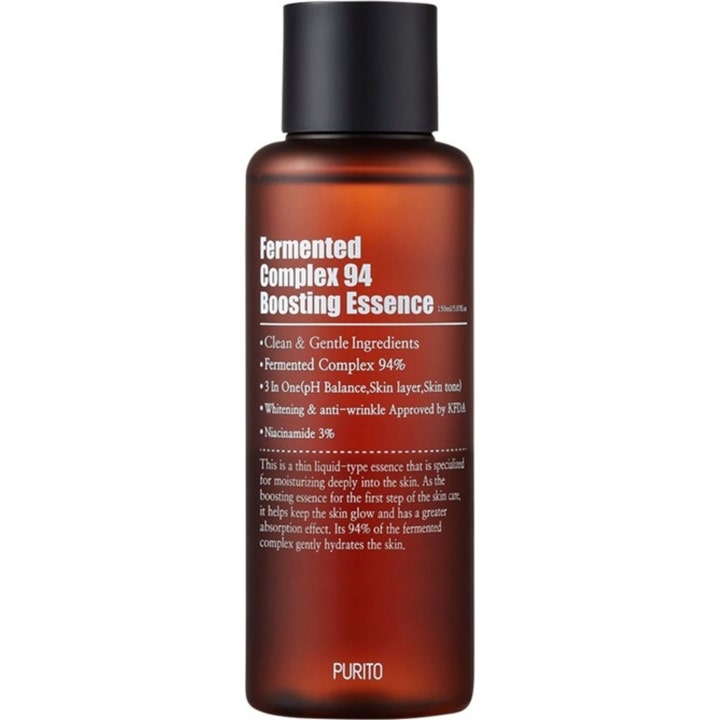 Purito Fermented Complex 94 Boosting Essence 150 ml lystergivande ansiktsserum i mörkbrun flaska med svart lock