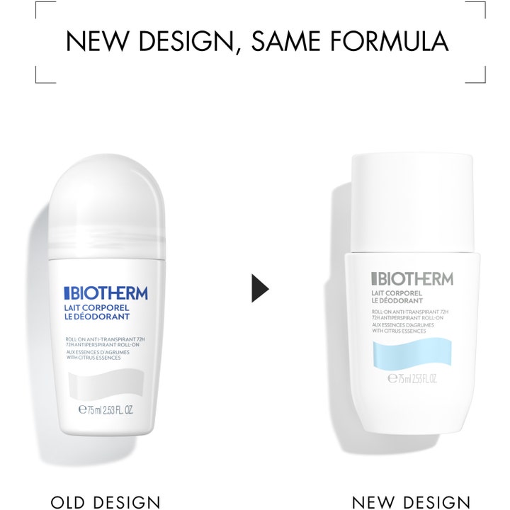 Biotherm Lait Corporel Deodorant Roll-On 75 ml är en deodorant roll on som visar gammal mot ny stilren vit design.