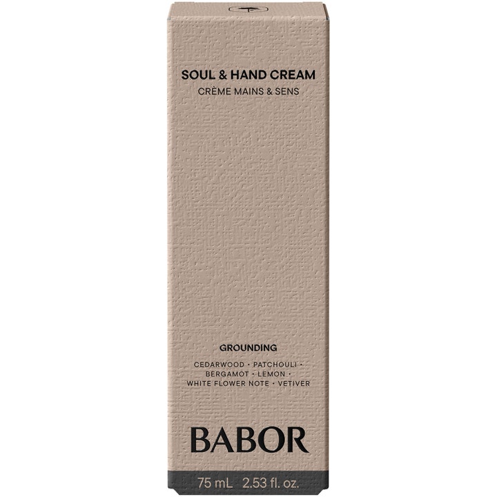 Babor Soul & Hand Cream Grounding 75 ml lugnande handkräm i beige mönstrad kartong för balanserad hud