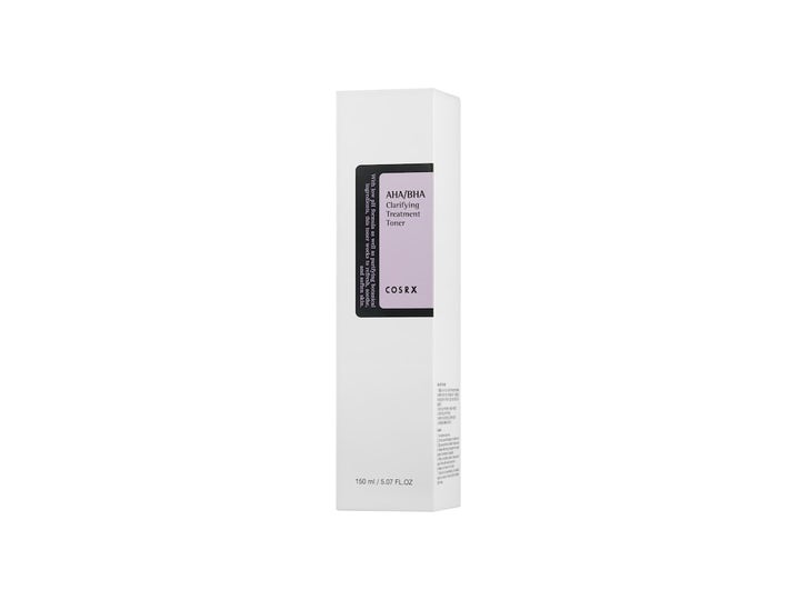 COSRX AHA/BHA Clarifying Treatment Toner 150 ml klarande toner i vit ytterförpackning med lila detalj.