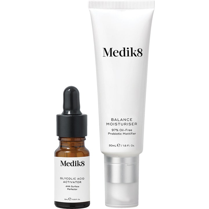 Medik8 Balance Moisturiser 50ml och Glycolic Acid Activator 10ml skapar balanserad probiotika hudvård i tub och flaska.