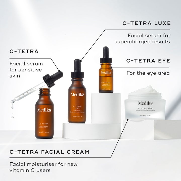 Medik8 C-Tetra Eye 7 ml c vitamin anti aging ögon serum i en liten brun glasflaska placerad på en vit piedestal