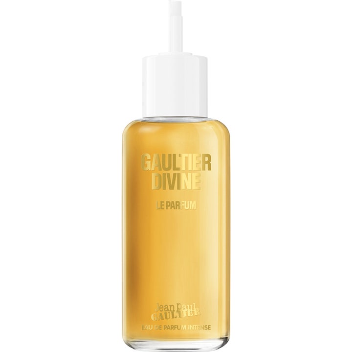 Jean Paul Gaultier Divine Le Parfum 200ml refill för påfyllning i flaska med guldgul vätska och vitt lock med rör