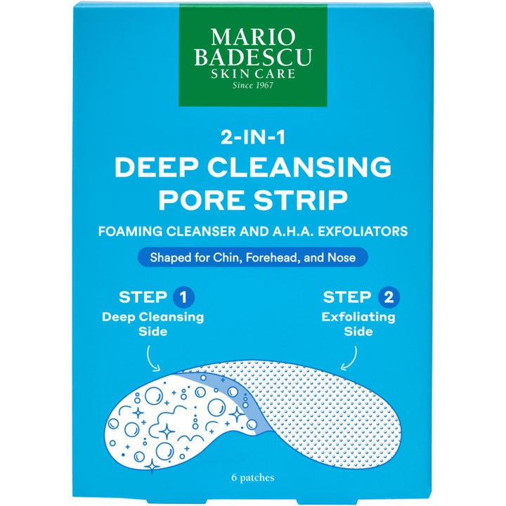 Mario Badescu 2-in-1 Deep Cleansing Pore Strip 6 st djuprengörande porplåster med AHA som exfolierar i en blå box.